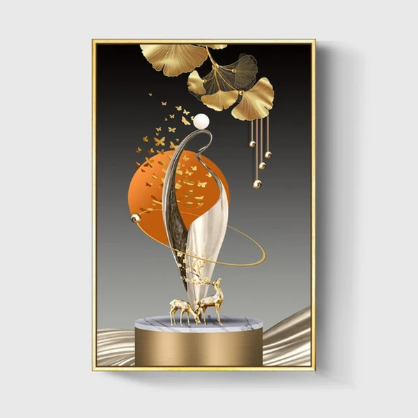 3 pièces Art Mural Abstrait D'or Cerf ginkgo Feuille Peinture Luxe