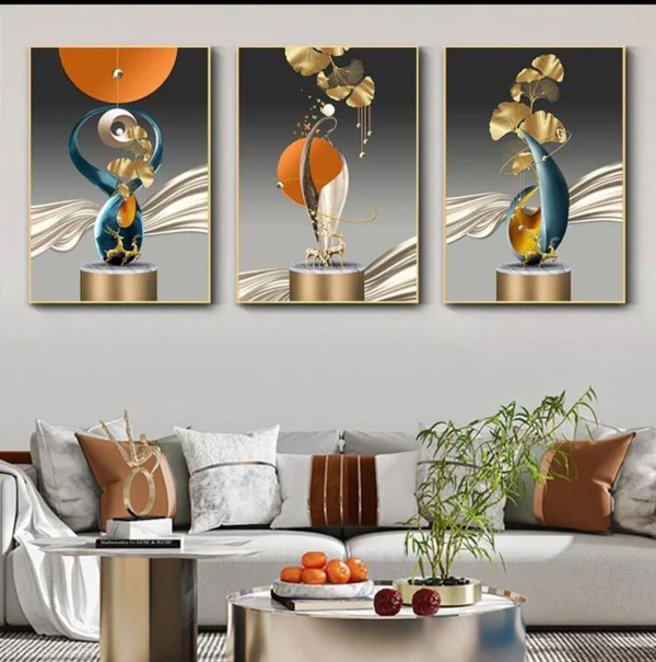 3 pièces Art Mural Abstrait D'or Cerf ginkgo Feuille Peinture Luxe