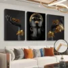 Lot de 3 toiles encadrées 2D plates, femme africaine motif feuille de bambou dorée,