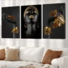 Lot de 3 toiles encadrées 2D plates, femme africaine motif feuille de bambou dorée,