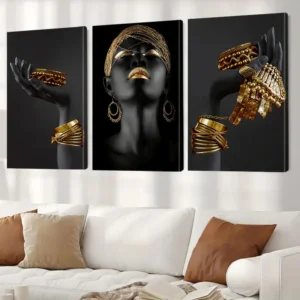 Lot de 3 toiles encadrées 2D plates, femme africaine motif feuille de bambou dorée,