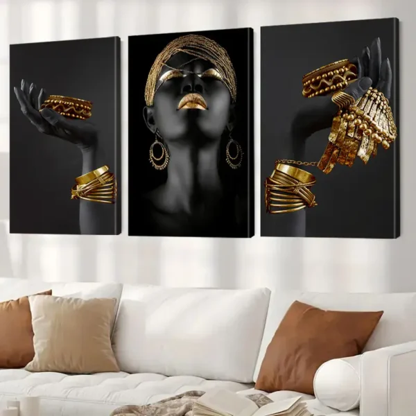 Lot de 3 toiles encadrées 2D plates, femme africaine motif feuille de bambou dorée,