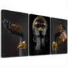 Lot de 3 toiles encadrées 2D plates, femme africaine motif feuille de bambou dorée,