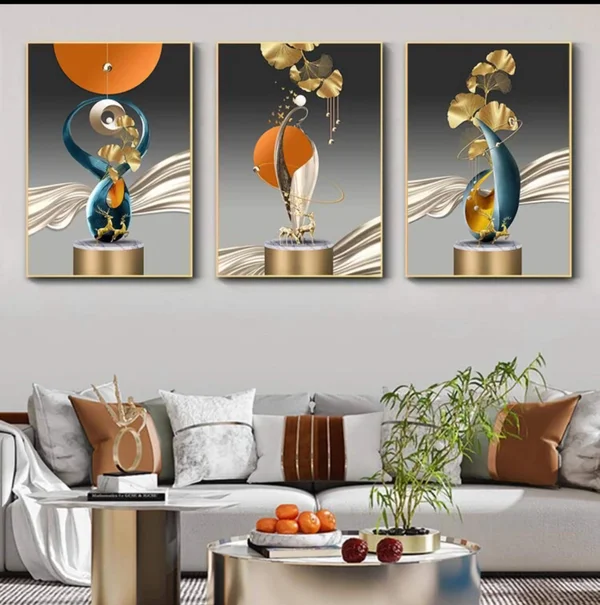 3 pièces Art Mural Abstrait D'or Cerf ginkgo Feuille Peinture Luxe