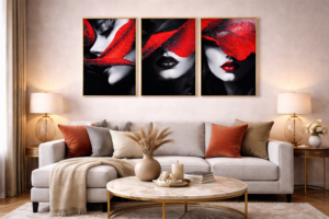 Triptyque Femme Mystérieuse Rouge & Noir – Cadres Décoratifs Modernes Glamour Luxe