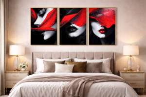 cadre decoratif triptyque Femme Rouge Noir