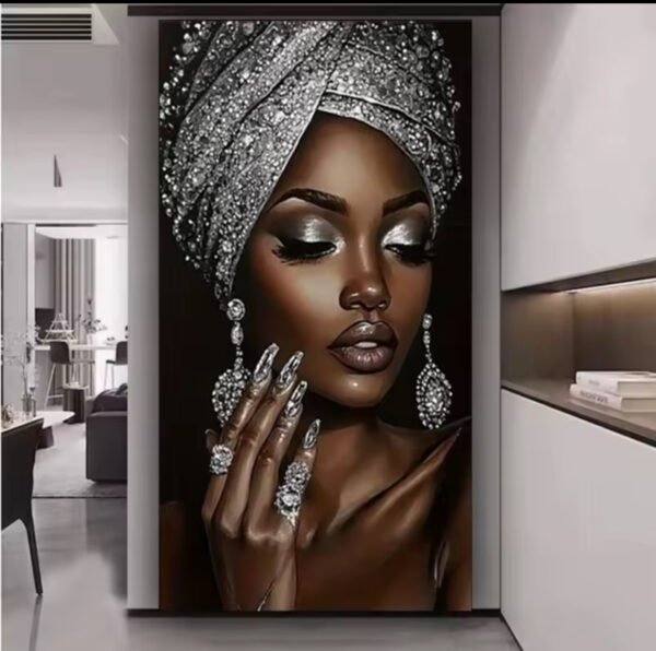 2D Plat, Décoration Murale 1pc, Femme Africaine avec Broderie Pailletée Argentée,