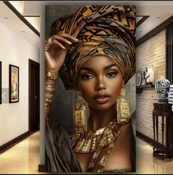 IMG_5866 1 pcs Peinture sur toile de portrait - Élégant art mural africain de la royauté avec bijoux dorés