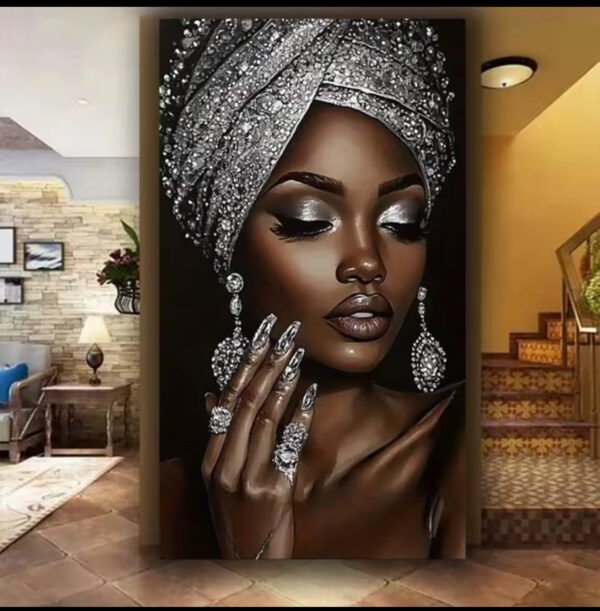 2D Plat, Décoration Murale 1pc, Femme Africaine avec Broderie Pailletée Argentée,