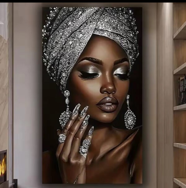 2D Plat, Décoration Murale 1pc, Femme Africaine avec Broderie Pailletée Argentée,