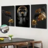 Lot de 3 toiles encadrées 2D plates, femme africaine motif feuille de bambou dorée,