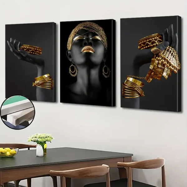 Lot de 3 toiles encadrées 2D plates, femme africaine motif feuille de bambou dorée,