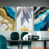  3 pièces - Abstraite Plume Vague de Mer Peinture Moderne Bleu Doré Luxe