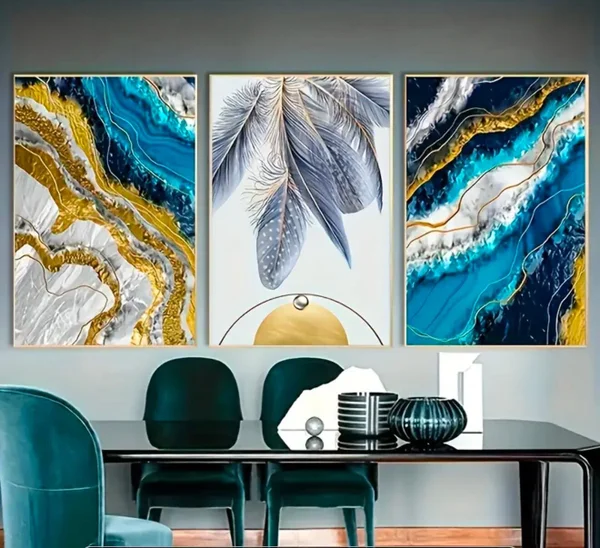  3 pièces - Abstraite Plume Vague de Mer Peinture Moderne Bleu Doré Luxe