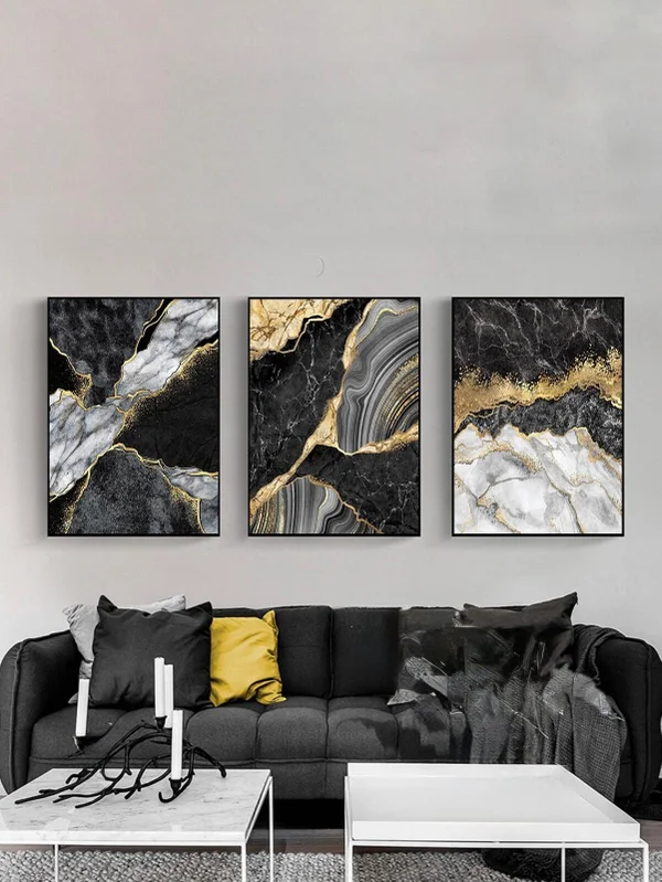 ensemble de 3 pièces d'art mural en marbre noir et or