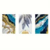  3 pièces - Abstraite Plume Vague de Mer Peinture Moderne Bleu Doré Luxe