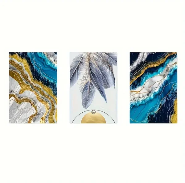  3 pièces - Abstraite Plume Vague de Mer Peinture Moderne Bleu Doré Luxe