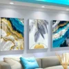  3 pièces - Abstraite Plume Vague de Mer Peinture Moderne Bleu Doré Luxe