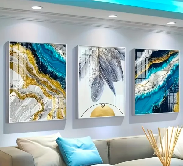  3 pièces - Abstraite Plume Vague de Mer Peinture Moderne Bleu Doré Luxe