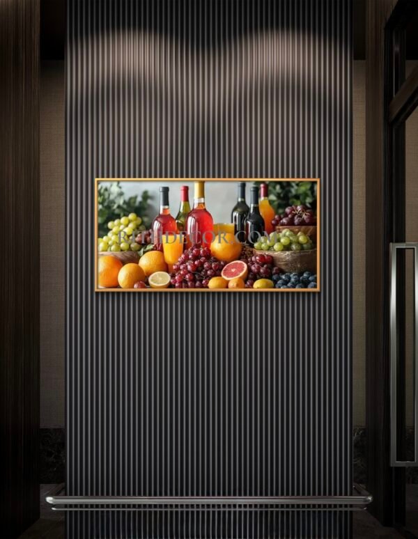 55716640-f0b4-11f0-b6fa-df66f8d33c21 Tableau Moderne en cristal porcelaine 2D Plat - 1 Pièce encadre : Pamplemousse, Raisins, Bouteilles de Vin - Couleurs Rouge Vif, Orange,