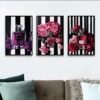 3 pcs Tableau Mural Encadré Floral & Parfum - Peinture Moderne Noir et Blanc avec Orchidées Roses/Violettes,