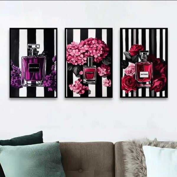 3 pcs Tableau Mural Encadré Floral & Parfum - Peinture Moderne Noir et Blanc avec Orchidées Roses/Violettes,