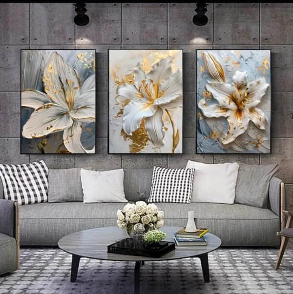 3 pièces, Art mural sur. Cristal porcelaine en diamant abstrait doré et blanc floral, Ensemble De 3