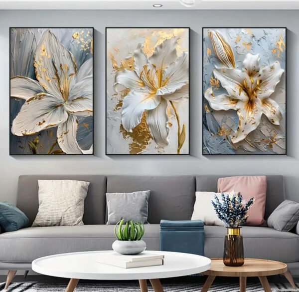 3 pièces, Art mural sur. Cristal porcelaine en diamant abstrait doré et blanc floral, Ensemble De 3