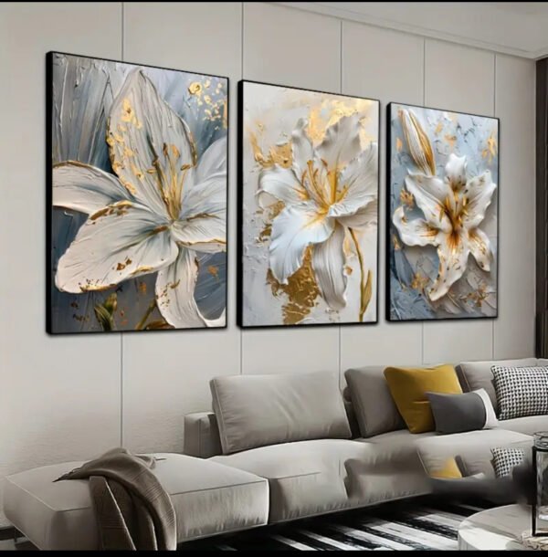 3 pièces, Art mural sur. Cristal porcelaine en diamant abstrait doré et blanc floral, Ensemble De 3