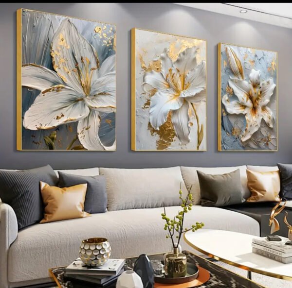 3 pièces, Art mural sur. Cristal porcelaine en diamant abstrait doré et blanc floral, Ensemble De 3