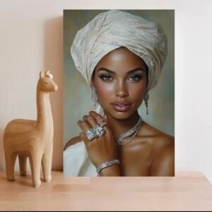 1pcs Toile Murale avec Cadre doré 2D, Portrait de Femme Élégante avec Foulard et Bijoux