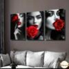 3pièces Impression sur toile à cadre en bois - Lèvres rouges sensuelles en noir et blanc