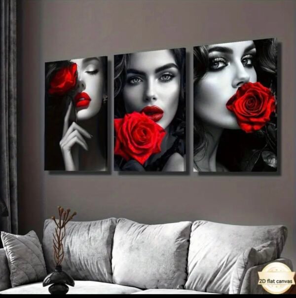 3pièces Impression sur toile à cadre en bois - Lèvres rouges sensuelles en noir et blanc