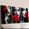 3pièces Impression sur toile à cadre en bois - Lèvres rouges sensuelles en noir et blanc