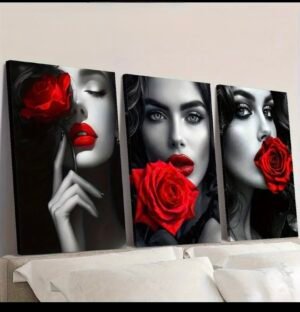 3pièces Impression sur toile à cadre en bois - Lèvres rouges sensuelles en noir et blanc