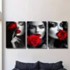 3pièces Impression sur toile à cadre en bois - Lèvres rouges sensuelles en noir et blanc