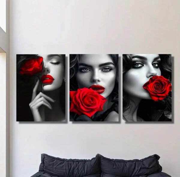 3pièces Impression sur toile à cadre en bois - Lèvres rouges sensuelles en noir et blanc