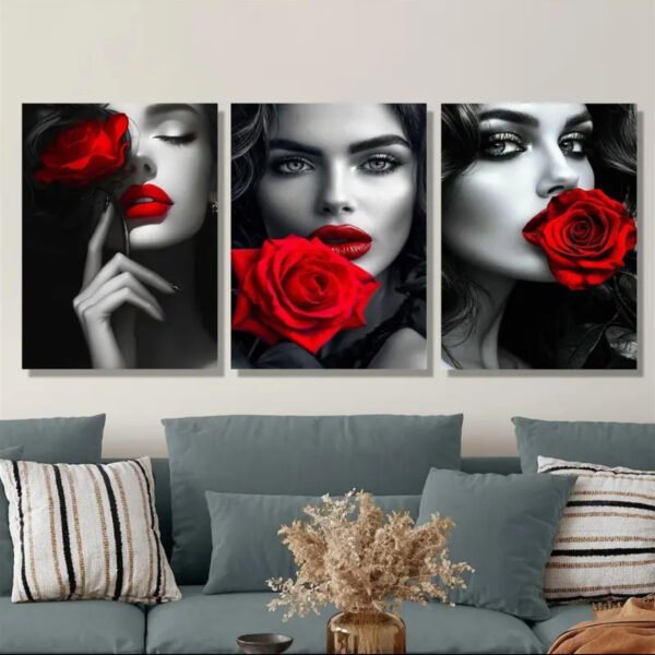 3pièces Impression sur toile à cadre en bois - Lèvres rouges sensuelles en noir et blanc