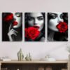 3pièces Impression sur toile à cadre en bois - Lèvres rouges sensuelles en noir et blanc