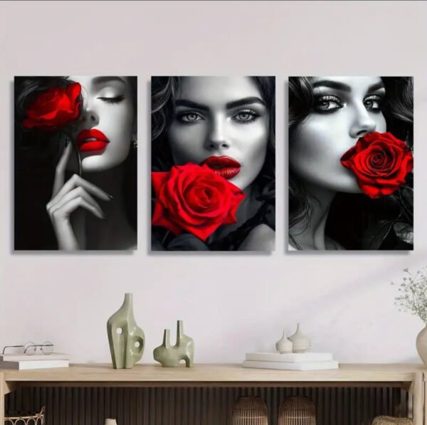 3pièces Impression sur toile à cadre en bois - Lèvres rouges sensuelles en noir et blanc