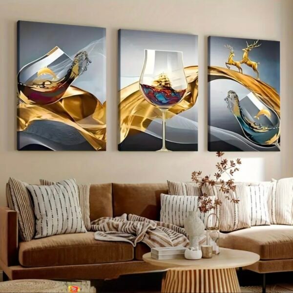 Décoration murale sur toile 2D plate, 3 pièces, art abstrait - Cadre en bois robuste,