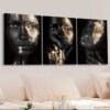 Peintures Plates 2D, 3 Pièces Toile Encadrée en Bois, Art Visage Africain Doré, Style Artistique,