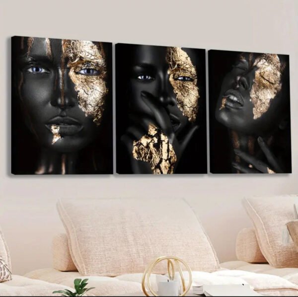 Peintures Plates 2D, 3 Pièces Toile Encadrée en Bois, Art Visage Africain Doré, Style Artistique,