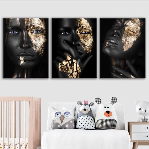Peintures Plates 2D, 3 Pièces Toile Encadrée en Bois, Art Visage Africain Doré, Style Artistique,