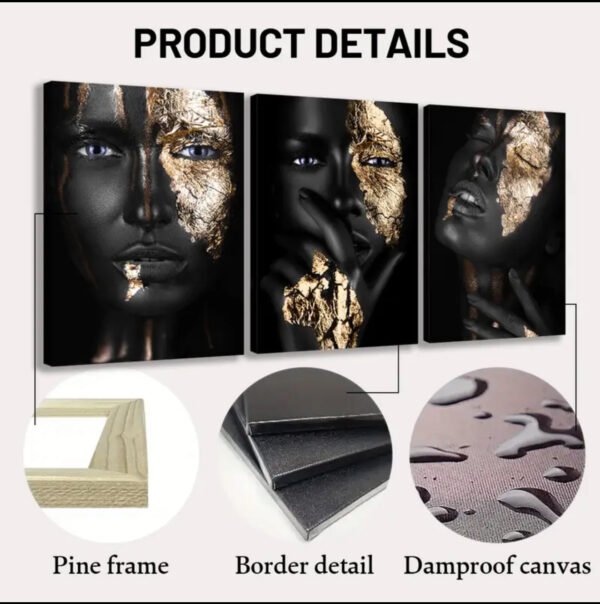 Peintures Plates 2D, 3 Pièces Toile Encadrée en Bois, Art Visage Africain Doré, Style Artistique,