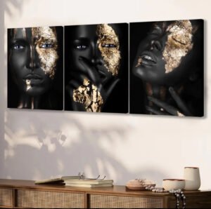 IMG_6306 Peintures Plates 2D, 3 Pièces Toile Encadrée en Bois, Art Visage Africain Doré, Style Artistique,