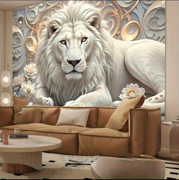 2D plate, 1 piece Art mural Lion blanc royal et décoration florale dorée, salon élégant,peinture en cristal porcelainepeinture en Cristal porcelaine chambre à coucher,