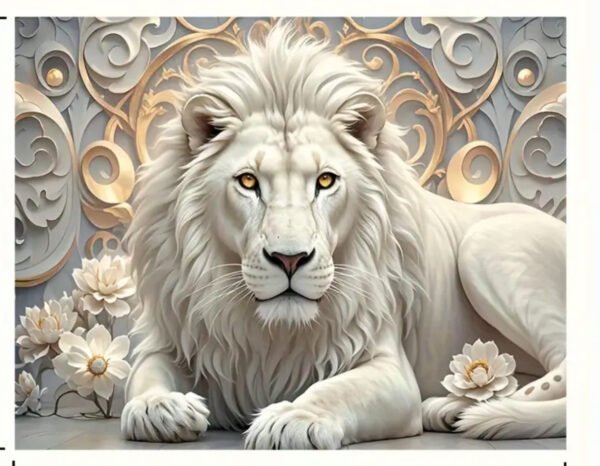 2D plate, 1 piece Art mural Lion blanc royal et décoration florale dorée, salon élégant,peinture en cristal porcelainepeinture en Cristal porcelaine chambre à coucher,