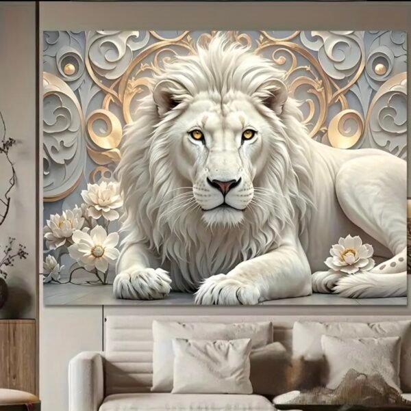 2D plate, 1 piece Art mural Lion blanc royal et décoration florale dorée, salon élégant, chambre à