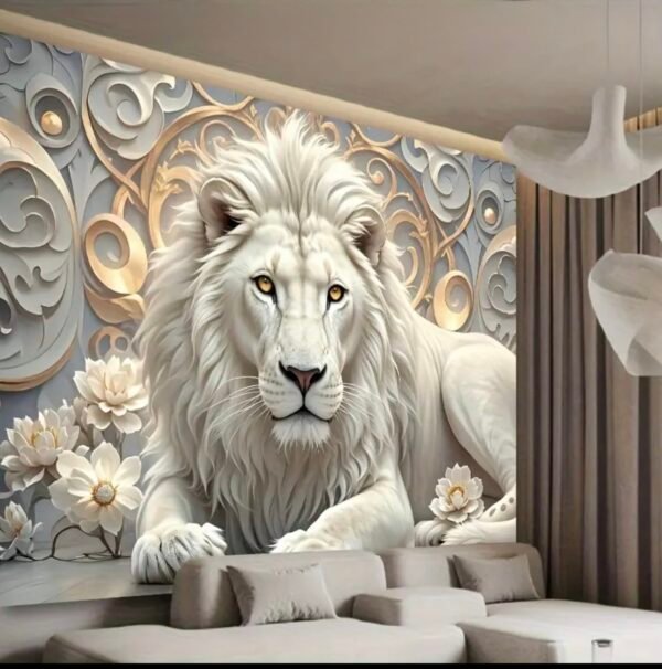 2D plate, 1 piece Art mural Lion blanc royal et décoration florale dorée, salon élégant, chambre à